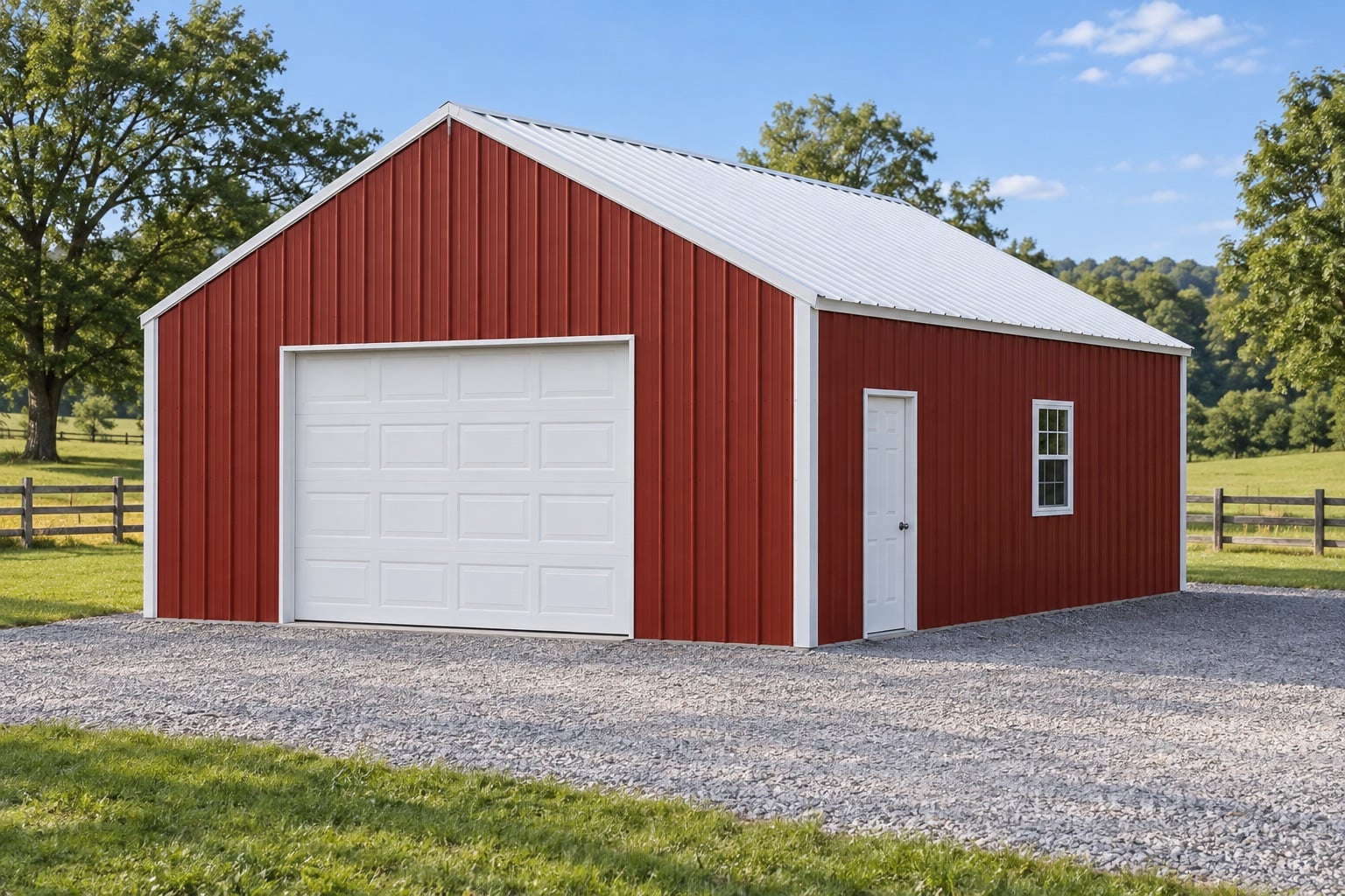 Illustrative exterior for the 20′ × 24′ post-frame garage option