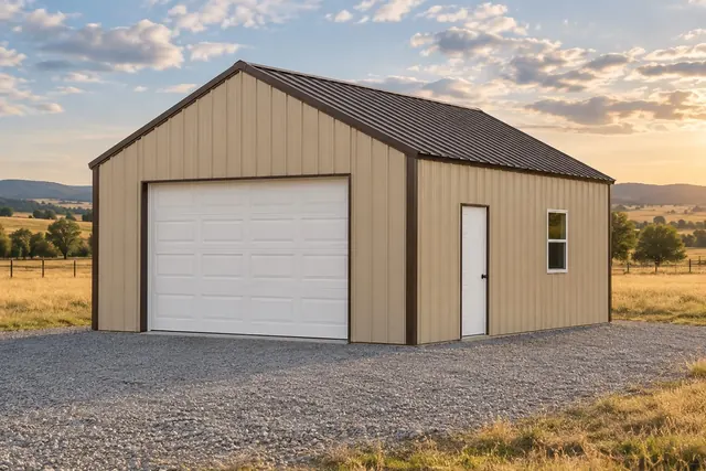Illustrative exterior for the 24′ × 24′ pole barn garage option