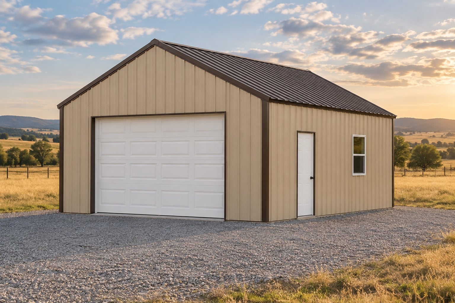 Illustrative exterior for the 24′ × 24′ post-frame garage option