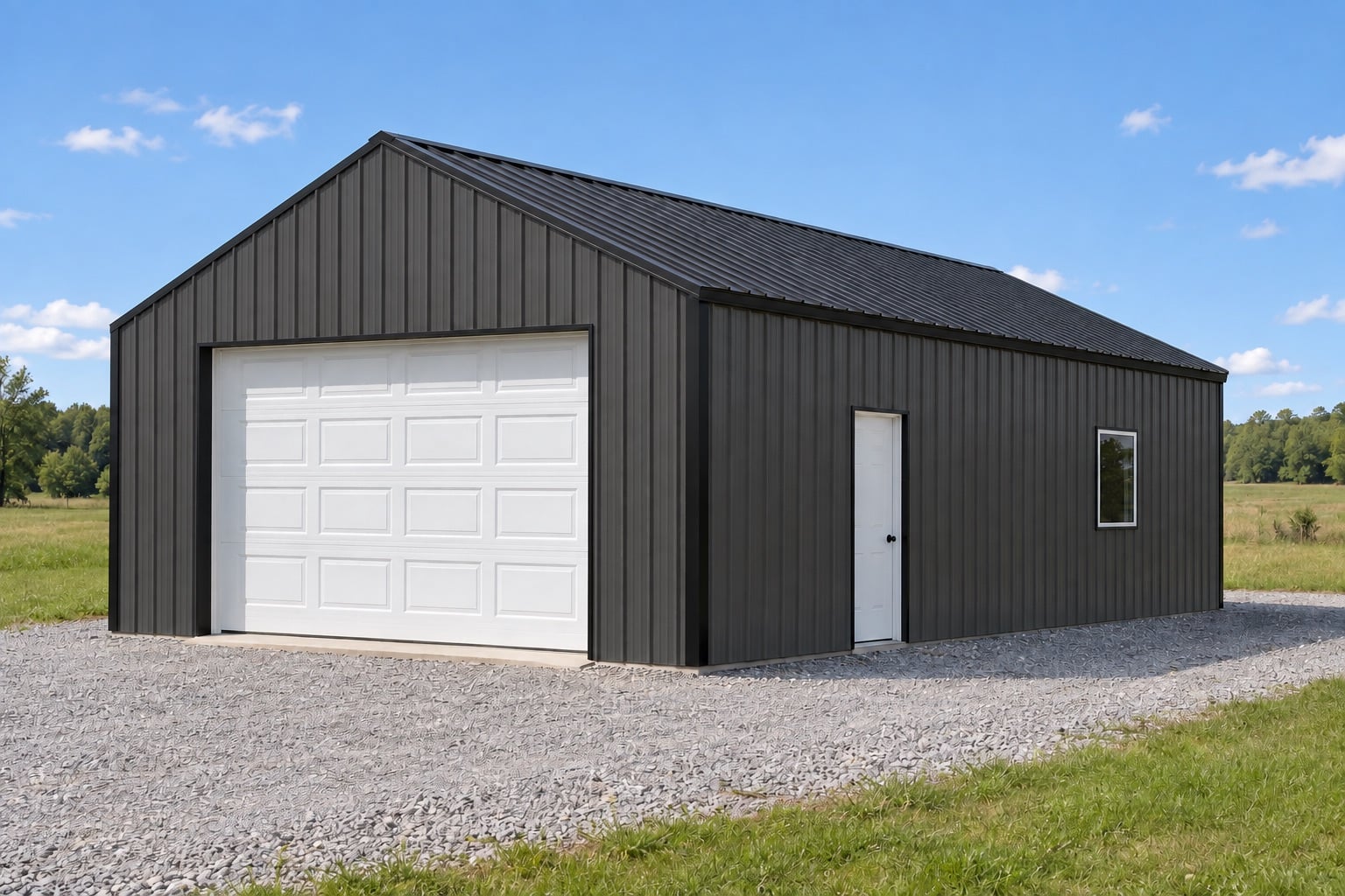 Illustrative exterior for the 24′ × 30′ post-frame garage option