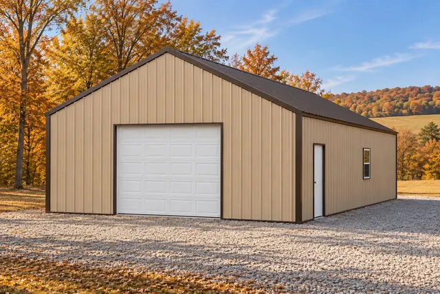 Illustrative exterior for the 30′ × 60′ pole barn garage option