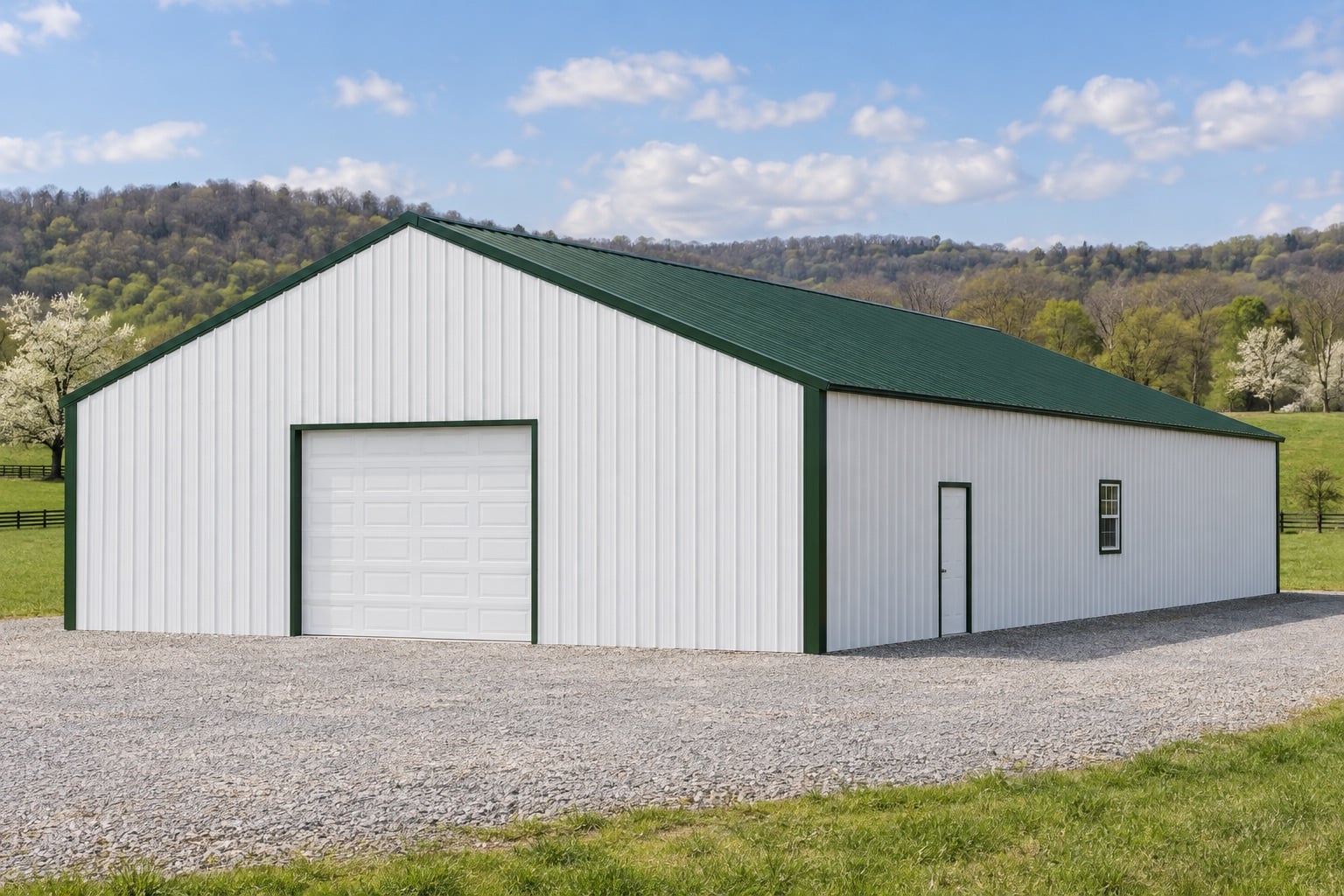 Illustrative exterior for the 40′ × 80′ post-frame garage option